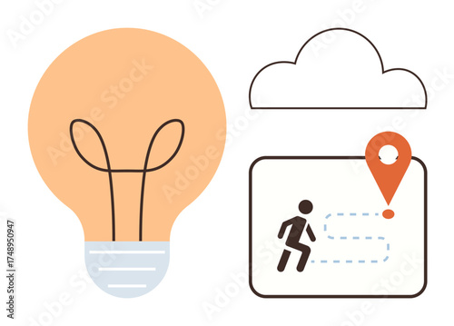 Lightbulb with creative idea, cloud as connectivity symbol, runner icon on map indicating journey and goals. Ideal for innovation, direction, planning, cloud computing, imagination, strategy