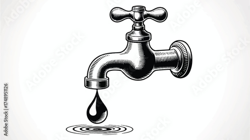 A black and white illustration of an ornate vintage faucet with a single water droplet falling from its spout (3)_traced