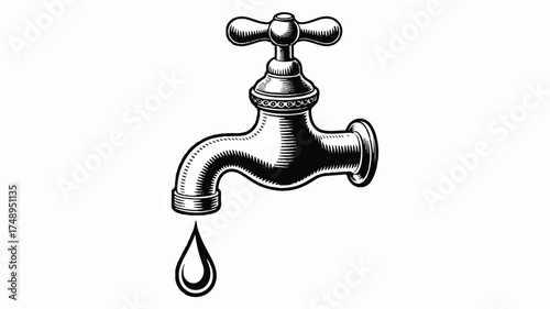 A black and white illustration of an ornate vintage faucet with a single water droplet falling from its spout 
