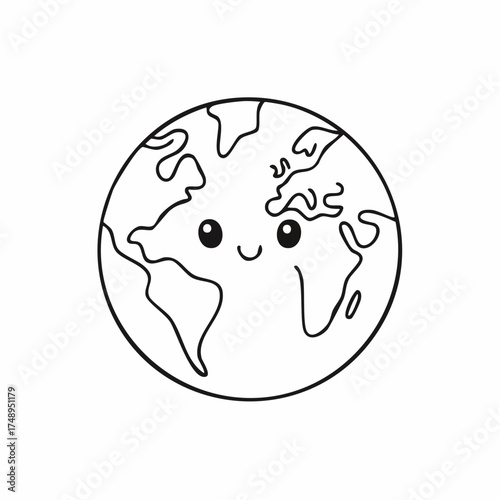 Adorable smiling planet Earth character line art illustration.