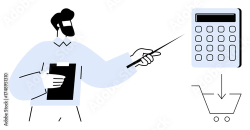 Male figure holding a clipboard, pointing to a calculator and shopping cart icon. Ideal for finance, budgeting, consumer behavior, online shopping, e-commerce, economics business education. Simple