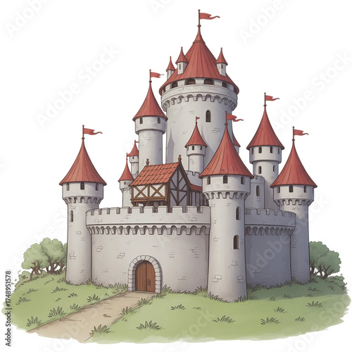 A medieval fantasy tower in an illustrated hand-drawn style, children's story book image, fairy tales, isolated on white, generative ai