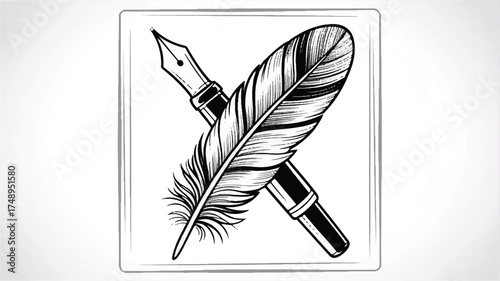A black and white line art illustration of a large detailed feather with crossed fountain pens behind it.  
