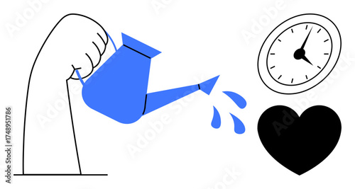 Hand pouring water from a watering can, heart, and clock evoke themes of love, growth, care, patience, time management, and emotional development. Ideal for motivation mindfulness health