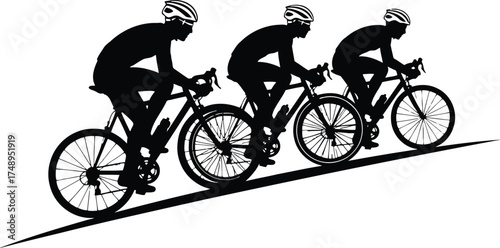 Vector art of three cyclists in silhouette riding bicycles uphill