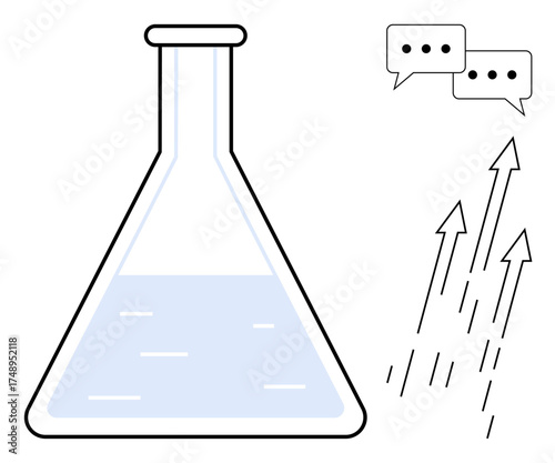 Laboratory flask with liquid, speech bubbles signifying communication, and upward arrows for progress and innovation. Ideal for science, growth, innovation, research, education, teamwork
