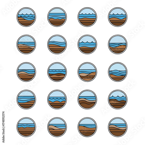 Coastal scenes depict ocean waves meeting sandy shores in circular frames, evoking a sense of tranquility and natural beauty with minimalist style.