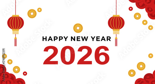 Chinese New Year 2026 Red Lantern and Gold Coin Vector Background