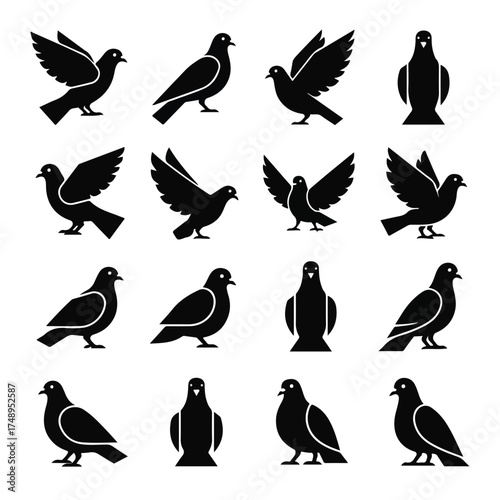 Silhouetted pigeons flying and standing in various poses against a white backdrop, creating a sense of freedom and peace.