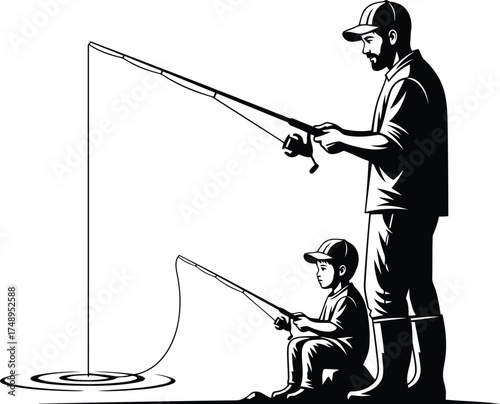 Vector art of father and son fishing together by the water