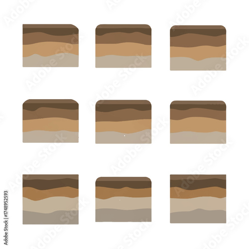 Soil profiles display different layers in crosssection, showing composition and texture variation for agricultural or geological study in natural light.