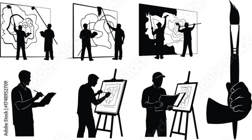 Artist silhouette, mural painting, easel sketch, portrait drawing, paintbrush gesture, black vector, creative process, visual art scene