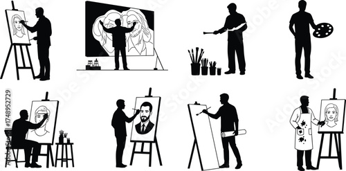 Artist silhouette, portrait painting, mural creation, brush palette, easel setup, black vector, creative pose, art process, visual expression