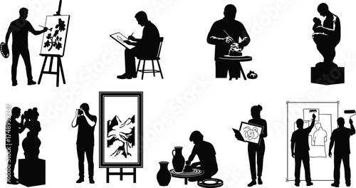 Artist silhouette, painting, sculpting, pottery, photography, mural work, drawing pad, easel, clay wheel, black vector, creative activity