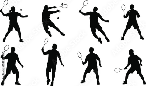 Badminton silhouette, racket swing, shuttlecock hit, jump shot, ready stance, black vector, athletic motion, sport pose, dynamic action
