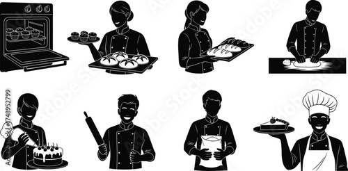 Baker silhouette, pastry chef, baking activity, kneading dough, decorating cake, bread tray, rolling pin, flour bag, cupcake oven, chef hat