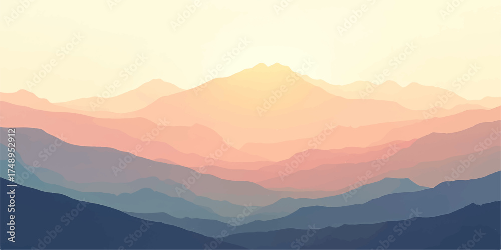 Fototapeta premium Morning fog hangs low over the mountain landscape, creating a misty view of the peaks against the sunrise sky