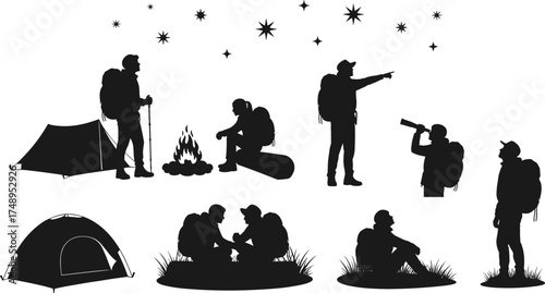 Camping silhouette, tent setup, campfire scene, hiking gesture, binocular pose, black vector, outdoor activity, stargazing moment, nature exploration