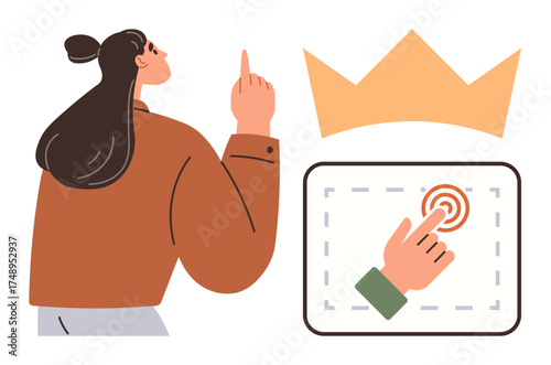 Woman pointing upward toward a crown, hand performing a touchscreen gesture in a frame. Ideal for leadership, innovation, decision-making, empowerment, digital solutions, success and ambition. Flat