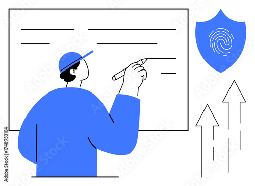 Person writing on a whiteboard with arrows indicating growth and shield representing security. Ideal for education, planning, development, growth, innovation, security, and productivity. Simple flat