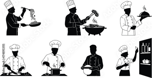 Chef silhouette, noodle lift, grill steam, dish presentation, vegetable slice, pot stir, black vector, kitchen task, cooking gesture