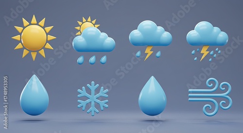 Forecast the day with cheerful cartoon weather icons for sunny days, rainy days, thunder, snow, and wind in a modern, minimalist style