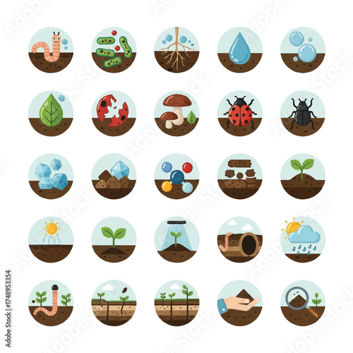 Soil ecosystem elements representing various aspects of healthy soil, including organisms, nutrients, and water, depicted in a clean and modern style.