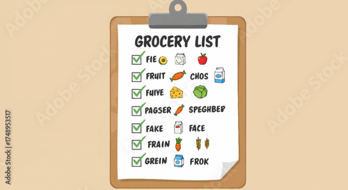 An illustration of a brown clipboard holding a white paper with a checked grocery list featuring various food items and icons on a light background.