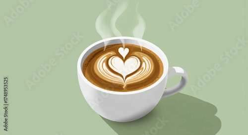 A steaming white cup of coffee with beautiful heart-shaped latte art on a soft green background, evoking warmth and comfort.