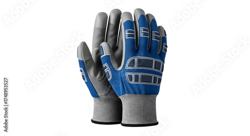 Pair of blue and gray work gloves isolated on transparent background, providing hand protection and safety during various tasks and industrial activities