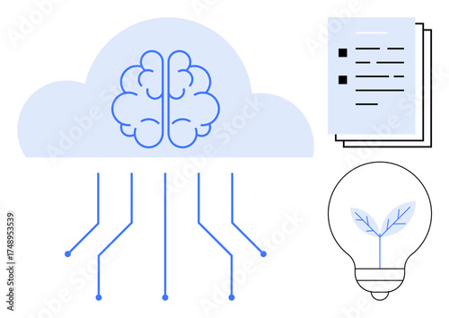 Blue cloud-shaped brain with circuit connections, stacked documents, and eco-friendly lightbulb with leaf. Ideal for AI, innovation, sustainability, knowledge sharing, creativity, technology digital