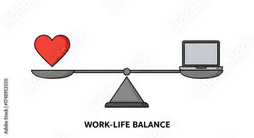 Conceptual image illustrating work-life balance with a heart and laptop perfectly balanced on a scale, symbolizing personal well-being and professional demands