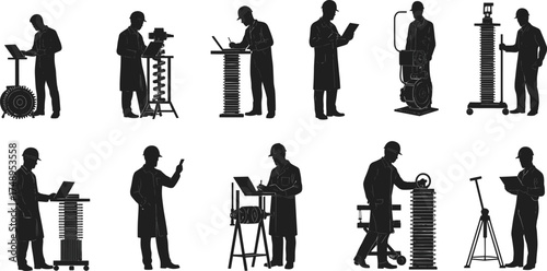Engineer silhouette, technician hard hat, mechanical inspection, laptop work, spring structure, clipboard notes, black vector, industrial task, wrench, document