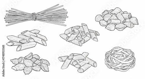 An illustrative hand-drawn sketch depicting a delightful assortment of various dry pasta shapes, showcasing different uncooked Italian noodle varieties for culinary use and graphic design projects
