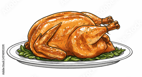 A savory, golden-brown roasted turkey, expertly prepared and presented on a serving platter with fresh green garnish, ideal for any festive holiday gathering or family dinner