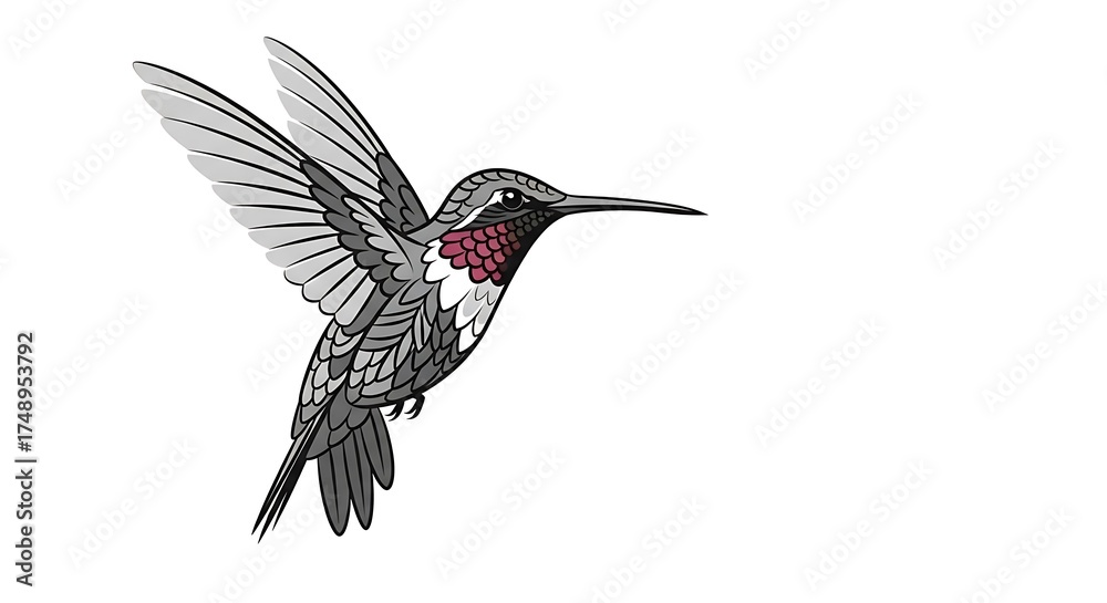 Fototapeta premium Illustration of a hummingbird in flight, isolated on white background, with detailed feather patterns