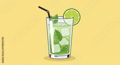 Vibrant illustration of a cool green beverage, featuring fresh mint, crisp ice, and a zesty lime garnish, ideal for a refreshing escape on a warm day