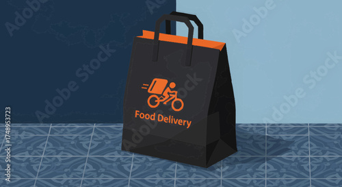 Stylish black paper bag with vibrant orange handles and a dynamic bicycle icon, representing efficient online food delivery and takeaway services, ideal for restaurant branding and courier concepts