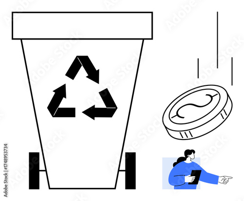 Recycling bin with triangular recycling sign, falling coin symbolizing eco-investment, person pointing at sustainable actions. Ideal for sustainability, recycling, eco-activism, green economy, waste