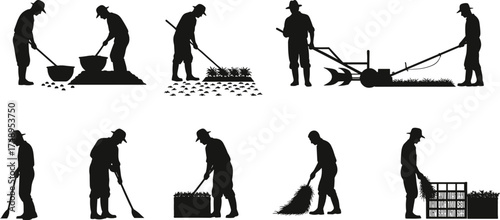 Farmer silhouette, agricultural work, planting seeds, harvesting crops, soil preparation, crate storage, black vector, hoe tool, plow machine, seasonal farming