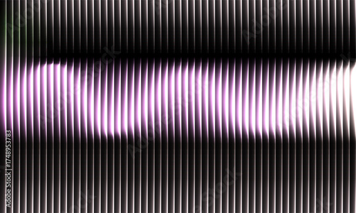 Glossy ribbed gradient with deep black abstract background with vertical lines and purple light effect