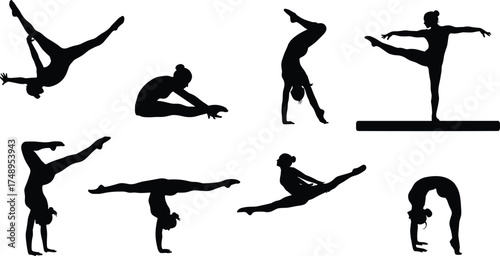 Gymnast silhouette, handstand pose, split motion, backbend gesture, balance beam, black vector, athletic form, flexibility scene, gymnastics routine