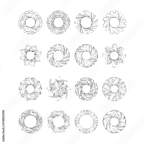 Circular geometric shapes rotate and evolve on white surface, creating intricate patterns with a modern, abstract aesthetic.