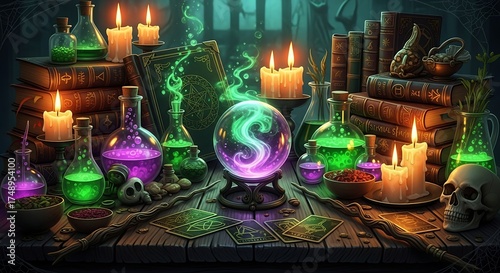 Enchanting crystal ball and potions create a mystical scene, perfect for fantasy projects or Halloween themed designs with a touch of spooky elegance