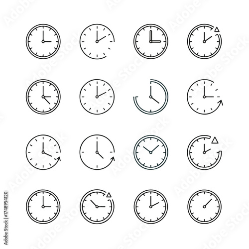 Clock faces showing different times represent the passage of time and deadlines in a minimalist style, conveying urgency and efficiency.