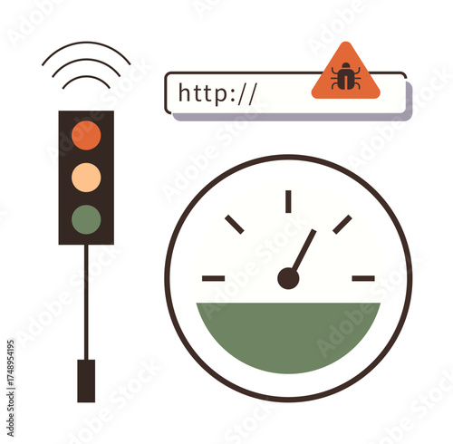 Traffic light, web malware alert, speedometer gauge representing internet safety, control, and performance monitoring. Ideal for cybersecurity, risk assessment, internet speed, regulation digital