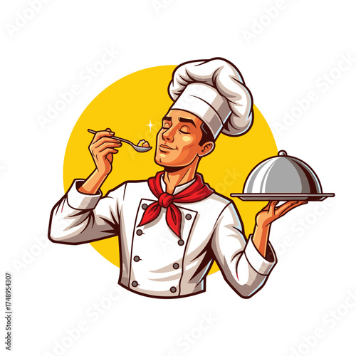 Professional Male Chef Tasting Food with a Spoon and Holding a Silver Serving Platter