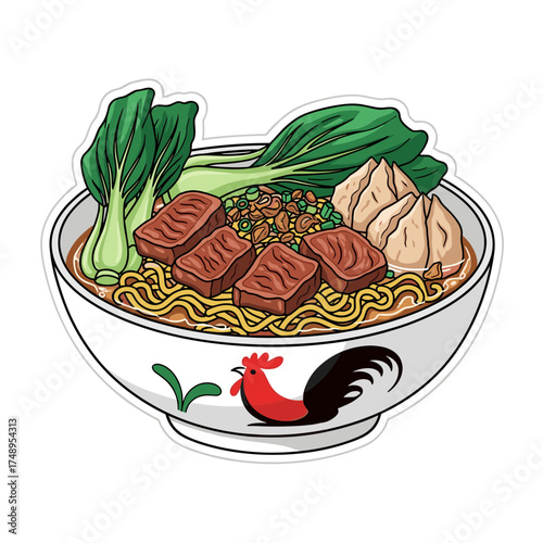 Delicious Bakso Noodle Soup Bowl with Meatballs, Braised Beef, Bok Choy and Chicken Logo