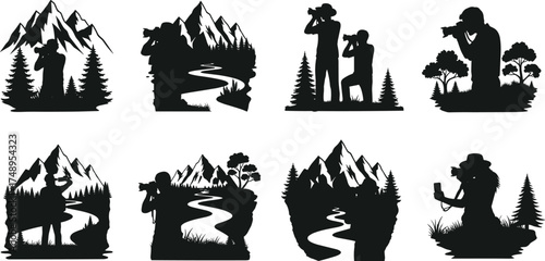 Photographer silhouette, nature photography, outdoor camera, mountain scene, river view, forest background, black vector, photo shoot, landscape capture, bush