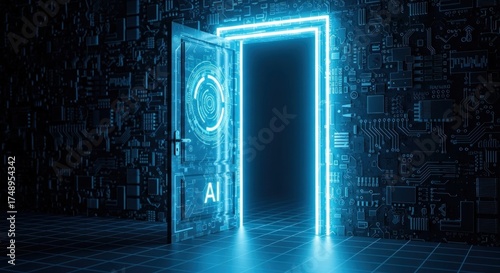 A glowing, futuristic door with a circular logo and the letter 'A' in the center, opening to a dark, circuit board-like background with glowing blue lights and intricate designs.